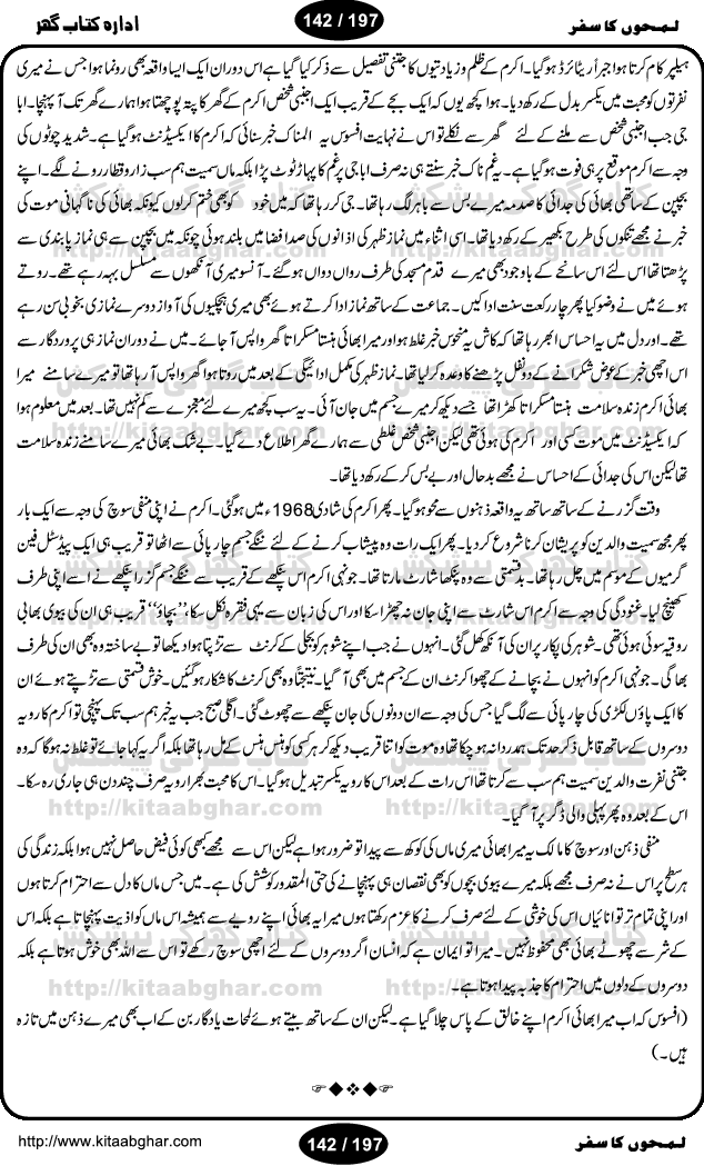 Intellectual and Distinguished Writer Muhammad Aslam Lodhi, like other great persons, has told his autobiography (LamhoN ka Safar) in an expert and attractive style. Reader gets lost in the beauty and spell of his writing. Being from a rural area and low paid Railway employee, the writer reflects the desi life style of a common pakistani. This book covers almost all of his loved ones and friends he met from school age to his retirement age. The book was published earlier in Nawa-e-Waqt Sunday Magazine. The study of this book gives courage and strength to young individuals who are facing and coping hardships of life in finding their goals