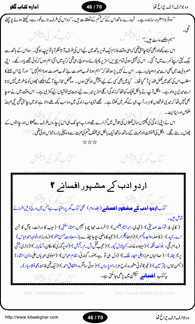 Woh jo harf harf chiragh tha is a romantic novel by Nighat Bano. The name Nighat Bano is not unfamiliar among female urdu readers. She is a regular writer of many urdu women digests. Many of her novels are available in book form also. In this particular novel she has described beautifully and expertly the famine of love and sincerity among human relations. In Pakistani society, every individual of family is a basic unit, and as far as these units are together, they live in a home, and when these units scatter, homes turn into decorated buildings only. The main character of this novel, Ujala, also lives in a building, whose residents are bound with each other with wealth and selfishness instead of love and sincerity. This novel is based on a pursuit of a kind heart sensitive girl, searching love and sincerity and she found it among strangers rather than her own family members.