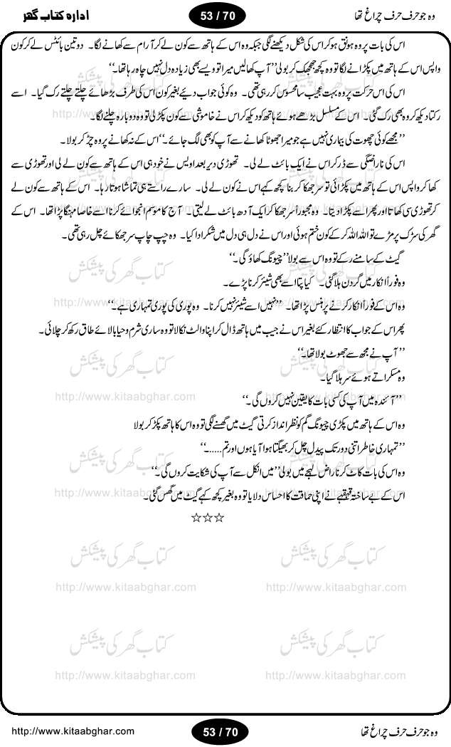 Woh jo harf harf chiragh tha is a romantic novel by Nighat Bano. The name Nighat Bano is not unfamiliar among female urdu readers. She is a regular writer of many urdu women digests. Many of her novels are available in book form also. In this particular novel she has described beautifully and expertly the famine of love and sincerity among human relations. In Pakistani society, every individual of family is a basic unit, and as far as these units are together, they live in a home, and when these units scatter, homes turn into decorated buildings only. The main character of this novel, Ujala, also lives in a building, whose residents are bound with each other with wealth and selfishness instead of love and sincerity. This novel is based on a pursuit of a kind heart sensitive girl, searching love and sincerity and she found it among strangers rather than her own family members.