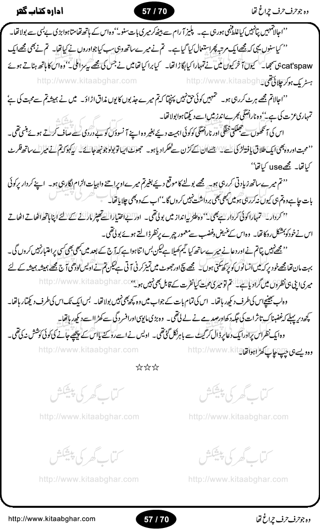 Woh jo harf harf chiragh tha is a romantic novel by Nighat Bano. The name Nighat Bano is not unfamiliar among female urdu readers. She is a regular writer of many urdu women digests. Many of her novels are available in book form also. In this particular novel she has described beautifully and expertly the famine of love and sincerity among human relations. In Pakistani society, every individual of family is a basic unit, and as far as these units are together, they live in a home, and when these units scatter, homes turn into decorated buildings only. The main character of this novel, Ujala, also lives in a building, whose residents are bound with each other with wealth and selfishness instead of love and sincerity. This novel is based on a pursuit of a kind heart sensitive girl, searching love and sincerity and she found it among strangers rather than her own family members.