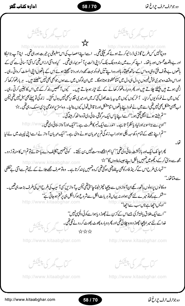 Woh jo harf harf chiragh tha is a romantic novel by Nighat Bano. The name Nighat Bano is not unfamiliar among female urdu readers. She is a regular writer of many urdu women digests. Many of her novels are available in book form also. In this particular novel she has described beautifully and expertly the famine of love and sincerity among human relations. In Pakistani society, every individual of family is a basic unit, and as far as these units are together, they live in a home, and when these units scatter, homes turn into decorated buildings only. The main character of this novel, Ujala, also lives in a building, whose residents are bound with each other with wealth and selfishness instead of love and sincerity. This novel is based on a pursuit of a kind heart sensitive girl, searching love and sincerity and she found it among strangers rather than her own family members.