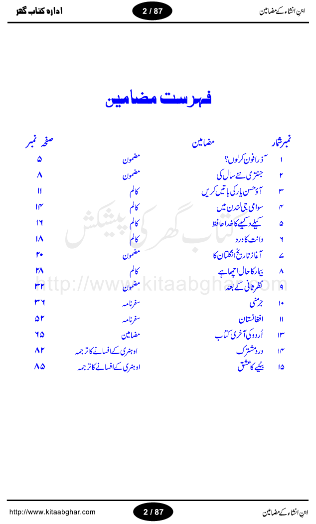 Mazameen Ibn-e-Insha is a collection of some articles, columns, travelogues (safernamay) and translation work by very famous urdu literature figure Ibn-e-Insha, who was a great person, a broadcaster, translator, colmnist, tourist and best humour writer of urdu language. All of his travelogues (safer namay) are with a common man view. People love to read his writings and safer nama. He has a very unique style of writing with the touch of humour. His book Urdu ki Akhri Kitaab and Khumar-e-Gandum are the master piece of urdu humour. Articles included in this book, are: Zara phone ker loon? Jantari naye saal ki, Aao husn-e-yaar ki batain karain, Suami ji London mein, Kele Dukele ka Khuda Hafiz, Daant ka derd, Aghaz-e-Tarikh-e-Inglistan ka, Bimar ka haal achha hay, Nazer sani ke bad, Germany, Afghanistan, Urdu ki Akhri Kitab, Dard-e-Mushtarik, Baniea ka ishq