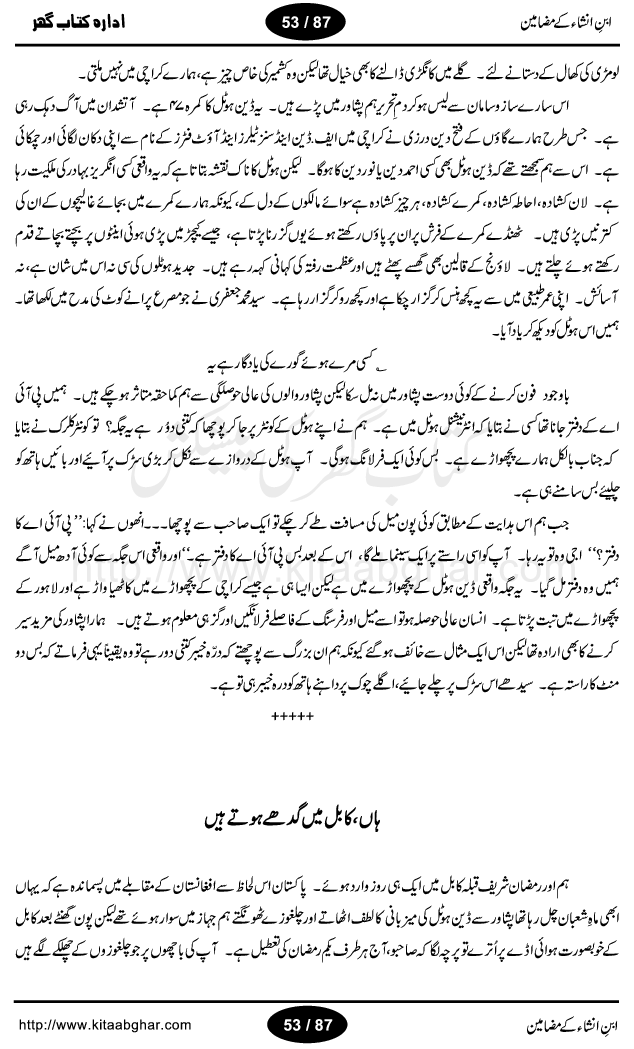 Mazameen Ibn-e-Insha is a collection of some articles, columns, travelogues (safernamay) and translation work by very famous urdu literature figure Ibn-e-Insha, who was a great person, a broadcaster, translator, colmnist, tourist and best humour writer of urdu language. All of his travelogues (safer namay) are with a common man view. People love to read his writings and safer nama. He has a very unique style of writing with the touch of humour. His book Urdu ki Akhri Kitaab and Khumar-e-Gandum are the master piece of urdu humour. Articles included in this book, are: Zara phone ker loon? Jantari naye saal ki, Aao husn-e-yaar ki batain karain, Suami ji London mein, Kele Dukele ka Khuda Hafiz, Daant ka derd, Aghaz-e-Tarikh-e-Inglistan ka, Bimar ka haal achha hay, Nazer sani ke bad, Germany, Afghanistan, Urdu ki Akhri Kitab, Dard-e-Mushtarik, Baniea ka ishq