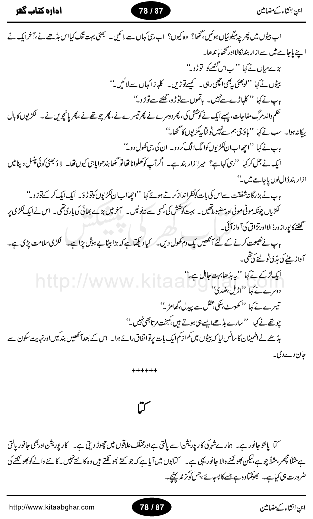 Mazameen Ibn-e-Insha is a collection of some articles, columns, travelogues (safernamay) and translation work by very famous urdu literature figure Ibn-e-Insha, who was a great person, a broadcaster, translator, colmnist, tourist and best humour writer of urdu language. All of his travelogues (safer namay) are with a common man view. People love to read his writings and safer nama. He has a very unique style of writing with the touch of humour. His book Urdu ki Akhri Kitaab and Khumar-e-Gandum are the master piece of urdu humour. Articles included in this book, are: Zara phone ker loon? Jantari naye saal ki, Aao husn-e-yaar ki batain karain, Suami ji London mein, Kele Dukele ka Khuda Hafiz, Daant ka derd, Aghaz-e-Tarikh-e-Inglistan ka, Bimar ka haal achha hay, Nazer sani ke bad, Germany, Afghanistan, Urdu ki Akhri Kitab, Dard-e-Mushtarik, Baniea ka ishq