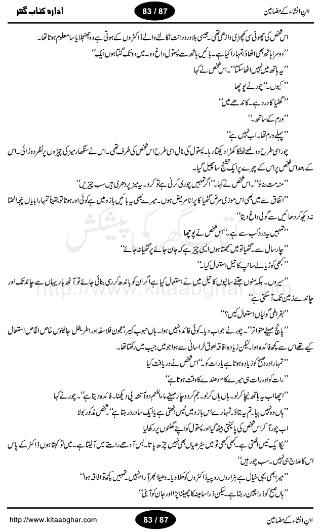 Mazameen Ibn-e-Insha is a collection of some articles, columns, travelogues (safernamay) and translation work by very famous urdu literature figure Ibn-e-Insha, who was a great person, a broadcaster, translator, colmnist, tourist and best humour writer of urdu language. All of his travelogues (safer namay) are with a common man view. People love to read his writings and safer nama. He has a very unique style of writing with the touch of humour. His book Urdu ki Akhri Kitaab and Khumar-e-Gandum are the master piece of urdu humour. Articles included in this book, are: Zara phone ker loon? Jantari naye saal ki, Aao husn-e-yaar ki batain karain, Suami ji London mein, Kele Dukele ka Khuda Hafiz, Daant ka derd, Aghaz-e-Tarikh-e-Inglistan ka, Bimar ka haal achha hay, Nazer sani ke bad, Germany, Afghanistan, Urdu ki Akhri Kitab, Dard-e-Mushtarik, Baniea ka ishq