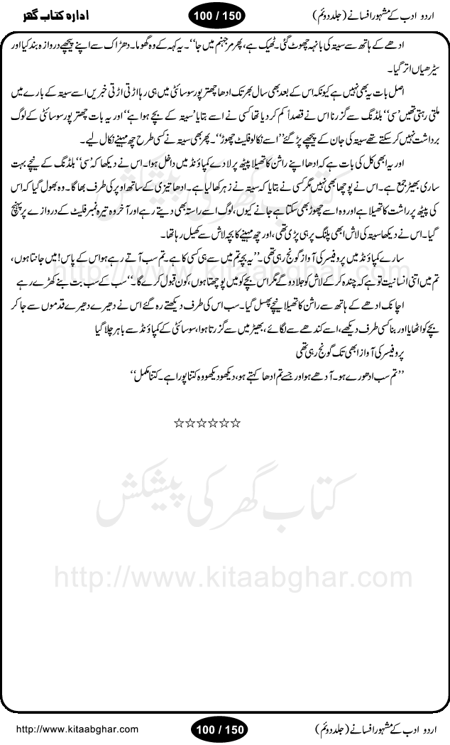 Urdu Adab ke Mashhoor (maroof) Afsanay is a second collection of selective short stories (afsane) of famous urdu writers (afsana nigar). It contains Kali Bala by Shaukat Siddiqi, Qaidi by Ibrahim Jalees, Akhrot Jha chuha bhes by Mumtaz Mufti, Saib ka Darakht, Bottle ka Jini by A. Hameed, Fasla by Wajda Tabassum, Badam Rangi by Balwant Singh, Bayhuda Khawand by Kanhaya Lal Kapoor, Ajeeb Qatal by Sheen Meem Jamil, Dil hi tou hay, Bhanwar, Gondani by Ghulam Abbas, Majeed ka Mazi, Pooja Phadday Baz by Saadat Hasan Manto, Mader Zaad by Khawaja Ahmed Abbas, Ooper Gori ka makaan by Agha Babar, Adha by Gulzar, SahibaN Mirza by Ali Haider Malik, Lottery by Munshi Prem Chand, Molvi Maherban Ali by Ibn-e-Insha, Lemon Juice by Chiter Sain, Gher Qanooni Mashwara, Loh-e-Mazar by MopasaN (terjuma), Aik thi Fakhta by Muhammad Mansha Yaad, Soti Salgira by Ashfaq Ahmed