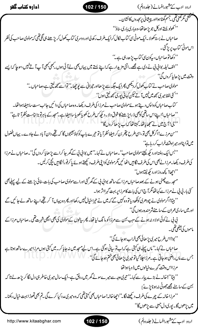 Urdu Adab ke Mashhoor (maroof) Afsanay is a second collection of selective short stories (afsane) of famous urdu writers (afsana nigar). It contains Kali Bala by Shaukat Siddiqi, Qaidi by Ibrahim Jalees, Akhrot Jha chuha bhes by Mumtaz Mufti, Saib ka Darakht, Bottle ka Jini by A. Hameed, Fasla by Wajda Tabassum, Badam Rangi by Balwant Singh, Bayhuda Khawand by Kanhaya Lal Kapoor, Ajeeb Qatal by Sheen Meem Jamil, Dil hi tou hay, Bhanwar, Gondani by Ghulam Abbas, Majeed ka Mazi, Pooja Phadday Baz by Saadat Hasan Manto, Mader Zaad by Khawaja Ahmed Abbas, Ooper Gori ka makaan by Agha Babar, Adha by Gulzar, SahibaN Mirza by Ali Haider Malik, Lottery by Munshi Prem Chand, Molvi Maherban Ali by Ibn-e-Insha, Lemon Juice by Chiter Sain, Gher Qanooni Mashwara, Loh-e-Mazar by MopasaN (terjuma), Aik thi Fakhta by Muhammad Mansha Yaad, Soti Salgira by Ashfaq Ahmed