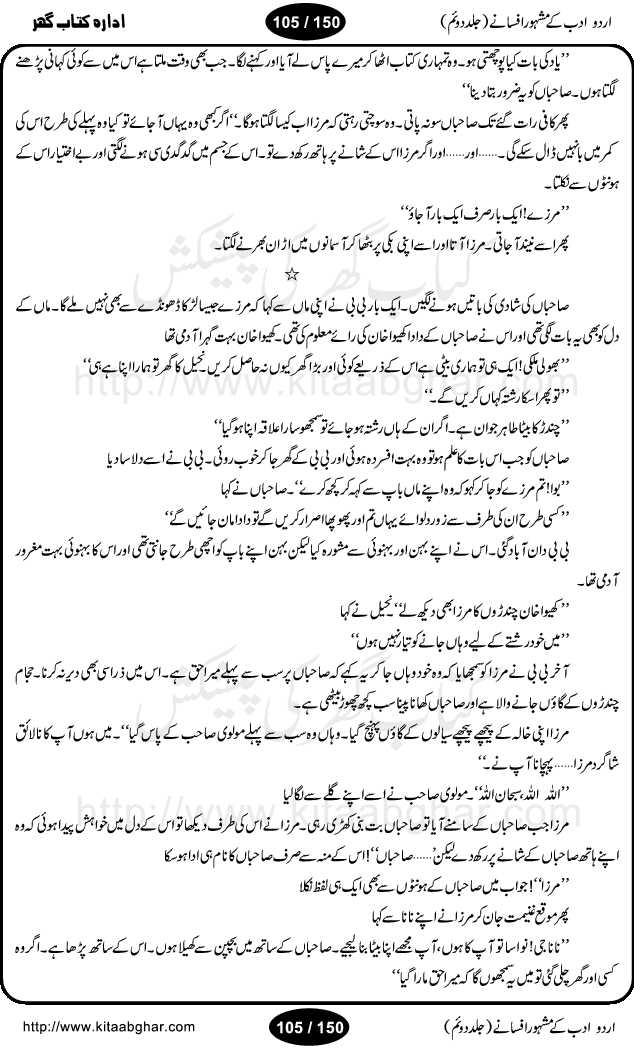 Urdu Adab ke Mashhoor (maroof) Afsanay is a second collection of selective short stories (afsane) of famous urdu writers (afsana nigar). It contains Kali Bala by Shaukat Siddiqi, Qaidi by Ibrahim Jalees, Akhrot Jha chuha bhes by Mumtaz Mufti, Saib ka Darakht, Bottle ka Jini by A. Hameed, Fasla by Wajda Tabassum, Badam Rangi by Balwant Singh, Bayhuda Khawand by Kanhaya Lal Kapoor, Ajeeb Qatal by Sheen Meem Jamil, Dil hi tou hay, Bhanwar, Gondani by Ghulam Abbas, Majeed ka Mazi, Pooja Phadday Baz by Saadat Hasan Manto, Mader Zaad by Khawaja Ahmed Abbas, Ooper Gori ka makaan by Agha Babar, Adha by Gulzar, SahibaN Mirza by Ali Haider Malik, Lottery by Munshi Prem Chand, Molvi Maherban Ali by Ibn-e-Insha, Lemon Juice by Chiter Sain, Gher Qanooni Mashwara, Loh-e-Mazar by MopasaN (terjuma), Aik thi Fakhta by Muhammad Mansha Yaad, Soti Salgira by Ashfaq Ahmed