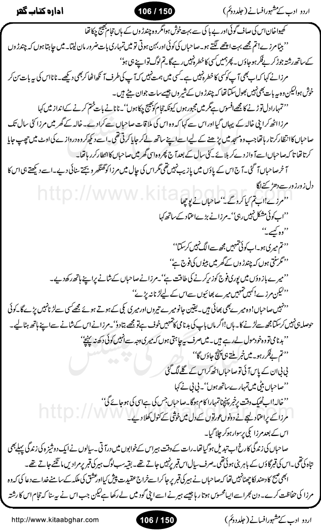Urdu Adab ke Mashhoor (maroof) Afsanay is a second collection of selective short stories (afsane) of famous urdu writers (afsana nigar). It contains Kali Bala by Shaukat Siddiqi, Qaidi by Ibrahim Jalees, Akhrot Jha chuha bhes by Mumtaz Mufti, Saib ka Darakht, Bottle ka Jini by A. Hameed, Fasla by Wajda Tabassum, Badam Rangi by Balwant Singh, Bayhuda Khawand by Kanhaya Lal Kapoor, Ajeeb Qatal by Sheen Meem Jamil, Dil hi tou hay, Bhanwar, Gondani by Ghulam Abbas, Majeed ka Mazi, Pooja Phadday Baz by Saadat Hasan Manto, Mader Zaad by Khawaja Ahmed Abbas, Ooper Gori ka makaan by Agha Babar, Adha by Gulzar, SahibaN Mirza by Ali Haider Malik, Lottery by Munshi Prem Chand, Molvi Maherban Ali by Ibn-e-Insha, Lemon Juice by Chiter Sain, Gher Qanooni Mashwara, Loh-e-Mazar by MopasaN (terjuma), Aik thi Fakhta by Muhammad Mansha Yaad, Soti Salgira by Ashfaq Ahmed