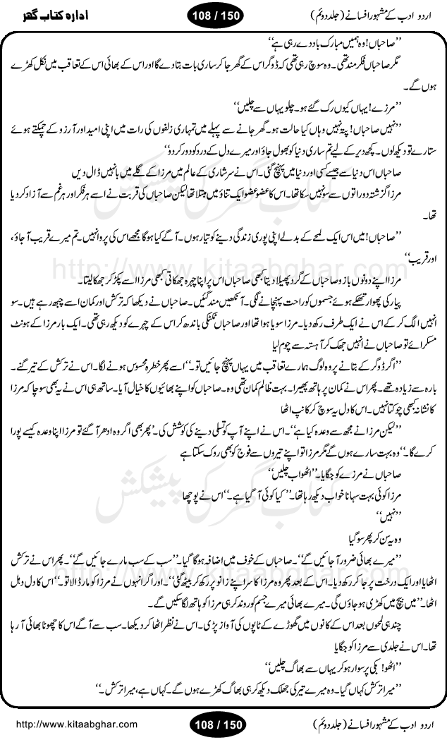 Urdu Adab ke Mashhoor (maroof) Afsanay is a second collection of selective short stories (afsane) of famous urdu writers (afsana nigar). It contains Kali Bala by Shaukat Siddiqi, Qaidi by Ibrahim Jalees, Akhrot Jha chuha bhes by Mumtaz Mufti, Saib ka Darakht, Bottle ka Jini by A. Hameed, Fasla by Wajda Tabassum, Badam Rangi by Balwant Singh, Bayhuda Khawand by Kanhaya Lal Kapoor, Ajeeb Qatal by Sheen Meem Jamil, Dil hi tou hay, Bhanwar, Gondani by Ghulam Abbas, Majeed ka Mazi, Pooja Phadday Baz by Saadat Hasan Manto, Mader Zaad by Khawaja Ahmed Abbas, Ooper Gori ka makaan by Agha Babar, Adha by Gulzar, SahibaN Mirza by Ali Haider Malik, Lottery by Munshi Prem Chand, Molvi Maherban Ali by Ibn-e-Insha, Lemon Juice by Chiter Sain, Gher Qanooni Mashwara, Loh-e-Mazar by MopasaN (terjuma), Aik thi Fakhta by Muhammad Mansha Yaad, Soti Salgira by Ashfaq Ahmed