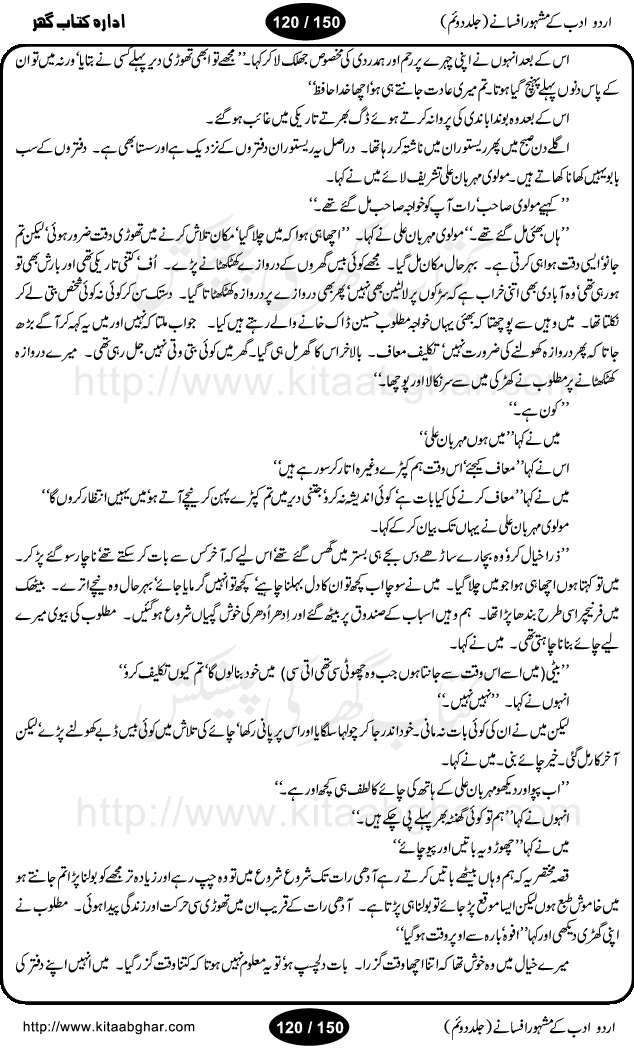 Urdu Adab ke Mashhoor (maroof) Afsanay is a second collection of selective short stories (afsane) of famous urdu writers (afsana nigar). It contains Kali Bala by Shaukat Siddiqi, Qaidi by Ibrahim Jalees, Akhrot Jha chuha bhes by Mumtaz Mufti, Saib ka Darakht, Bottle ka Jini by A. Hameed, Fasla by Wajda Tabassum, Badam Rangi by Balwant Singh, Bayhuda Khawand by Kanhaya Lal Kapoor, Ajeeb Qatal by Sheen Meem Jamil, Dil hi tou hay, Bhanwar, Gondani by Ghulam Abbas, Majeed ka Mazi, Pooja Phadday Baz by Saadat Hasan Manto, Mader Zaad by Khawaja Ahmed Abbas, Ooper Gori ka makaan by Agha Babar, Adha by Gulzar, SahibaN Mirza by Ali Haider Malik, Lottery by Munshi Prem Chand, Molvi Maherban Ali by Ibn-e-Insha, Lemon Juice by Chiter Sain, Gher Qanooni Mashwara, Loh-e-Mazar by MopasaN (terjuma), Aik thi Fakhta by Muhammad Mansha Yaad, Soti Salgira by Ashfaq Ahmed