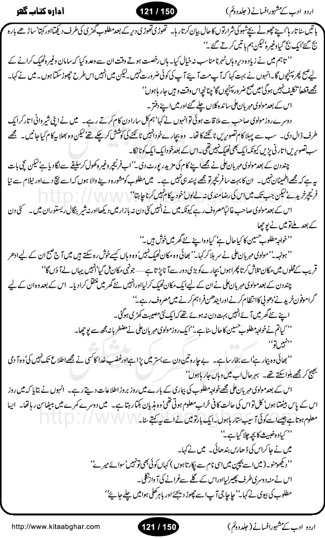 Urdu Adab ke Mashhoor (maroof) Afsanay is a second collection of selective short stories (afsane) of famous urdu writers (afsana nigar). It contains Kali Bala by Shaukat Siddiqi, Qaidi by Ibrahim Jalees, Akhrot Jha chuha bhes by Mumtaz Mufti, Saib ka Darakht, Bottle ka Jini by A. Hameed, Fasla by Wajda Tabassum, Badam Rangi by Balwant Singh, Bayhuda Khawand by Kanhaya Lal Kapoor, Ajeeb Qatal by Sheen Meem Jamil, Dil hi tou hay, Bhanwar, Gondani by Ghulam Abbas, Majeed ka Mazi, Pooja Phadday Baz by Saadat Hasan Manto, Mader Zaad by Khawaja Ahmed Abbas, Ooper Gori ka makaan by Agha Babar, Adha by Gulzar, SahibaN Mirza by Ali Haider Malik, Lottery by Munshi Prem Chand, Molvi Maherban Ali by Ibn-e-Insha, Lemon Juice by Chiter Sain, Gher Qanooni Mashwara, Loh-e-Mazar by MopasaN (terjuma), Aik thi Fakhta by Muhammad Mansha Yaad, Soti Salgira by Ashfaq Ahmed
