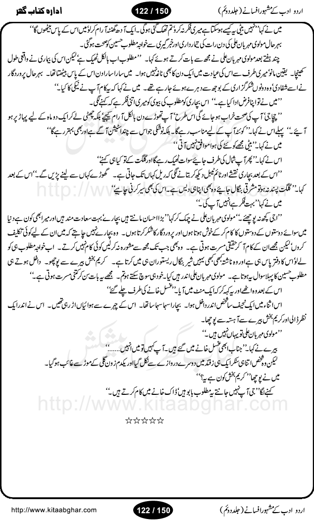 Urdu Adab ke Mashhoor (maroof) Afsanay is a second collection of selective short stories (afsane) of famous urdu writers (afsana nigar). It contains Kali Bala by Shaukat Siddiqi, Qaidi by Ibrahim Jalees, Akhrot Jha chuha bhes by Mumtaz Mufti, Saib ka Darakht, Bottle ka Jini by A. Hameed, Fasla by Wajda Tabassum, Badam Rangi by Balwant Singh, Bayhuda Khawand by Kanhaya Lal Kapoor, Ajeeb Qatal by Sheen Meem Jamil, Dil hi tou hay, Bhanwar, Gondani by Ghulam Abbas, Majeed ka Mazi, Pooja Phadday Baz by Saadat Hasan Manto, Mader Zaad by Khawaja Ahmed Abbas, Ooper Gori ka makaan by Agha Babar, Adha by Gulzar, SahibaN Mirza by Ali Haider Malik, Lottery by Munshi Prem Chand, Molvi Maherban Ali by Ibn-e-Insha, Lemon Juice by Chiter Sain, Gher Qanooni Mashwara, Loh-e-Mazar by MopasaN (terjuma), Aik thi Fakhta by Muhammad Mansha Yaad, Soti Salgira by Ashfaq Ahmed