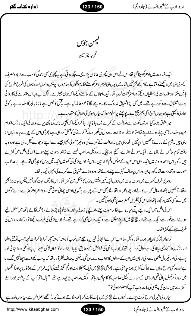 Urdu Adab ke Mashhoor (maroof) Afsanay is a second collection of selective short stories (afsane) of famous urdu writers (afsana nigar). It contains Kali Bala by Shaukat Siddiqi, Qaidi by Ibrahim Jalees, Akhrot Jha chuha bhes by Mumtaz Mufti, Saib ka Darakht, Bottle ka Jini by A. Hameed, Fasla by Wajda Tabassum, Badam Rangi by Balwant Singh, Bayhuda Khawand by Kanhaya Lal Kapoor, Ajeeb Qatal by Sheen Meem Jamil, Dil hi tou hay, Bhanwar, Gondani by Ghulam Abbas, Majeed ka Mazi, Pooja Phadday Baz by Saadat Hasan Manto, Mader Zaad by Khawaja Ahmed Abbas, Ooper Gori ka makaan by Agha Babar, Adha by Gulzar, SahibaN Mirza by Ali Haider Malik, Lottery by Munshi Prem Chand, Molvi Maherban Ali by Ibn-e-Insha, Lemon Juice by Chiter Sain, Gher Qanooni Mashwara, Loh-e-Mazar by MopasaN (terjuma), Aik thi Fakhta by Muhammad Mansha Yaad, Soti Salgira by Ashfaq Ahmed