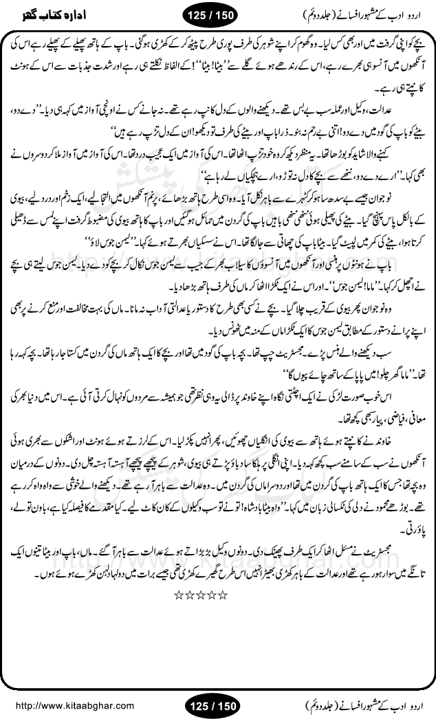 Urdu Adab ke Mashhoor (maroof) Afsanay is a second collection of selective short stories (afsane) of famous urdu writers (afsana nigar). It contains Kali Bala by Shaukat Siddiqi, Qaidi by Ibrahim Jalees, Akhrot Jha chuha bhes by Mumtaz Mufti, Saib ka Darakht, Bottle ka Jini by A. Hameed, Fasla by Wajda Tabassum, Badam Rangi by Balwant Singh, Bayhuda Khawand by Kanhaya Lal Kapoor, Ajeeb Qatal by Sheen Meem Jamil, Dil hi tou hay, Bhanwar, Gondani by Ghulam Abbas, Majeed ka Mazi, Pooja Phadday Baz by Saadat Hasan Manto, Mader Zaad by Khawaja Ahmed Abbas, Ooper Gori ka makaan by Agha Babar, Adha by Gulzar, SahibaN Mirza by Ali Haider Malik, Lottery by Munshi Prem Chand, Molvi Maherban Ali by Ibn-e-Insha, Lemon Juice by Chiter Sain, Gher Qanooni Mashwara, Loh-e-Mazar by MopasaN (terjuma), Aik thi Fakhta by Muhammad Mansha Yaad, Soti Salgira by Ashfaq Ahmed