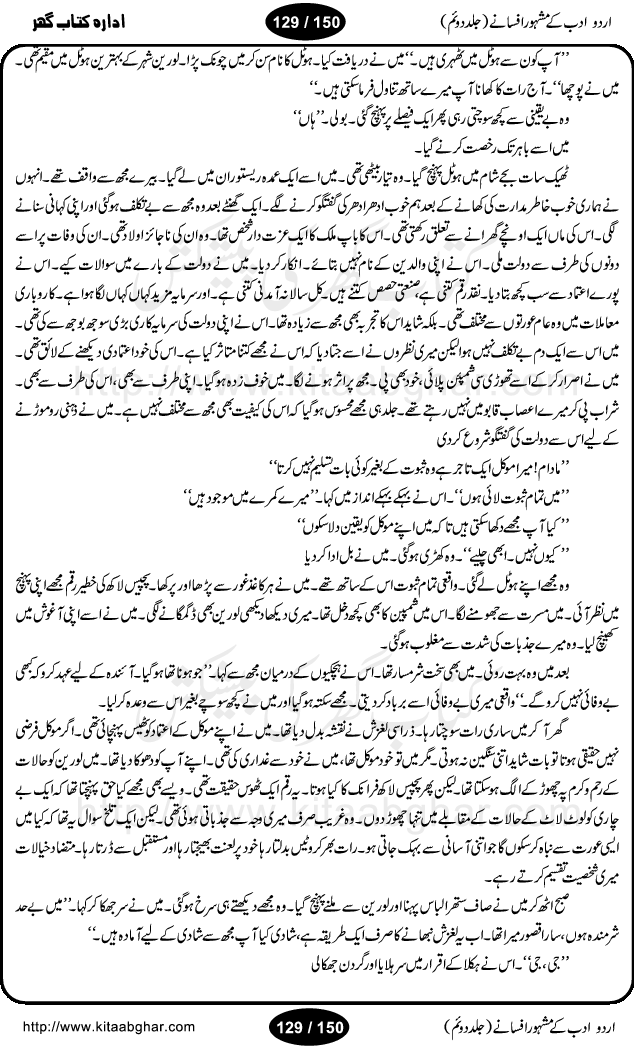 Urdu Adab ke Mashhoor (maroof) Afsanay is a second collection of selective short stories (afsane) of famous urdu writers (afsana nigar). It contains Kali Bala by Shaukat Siddiqi, Qaidi by Ibrahim Jalees, Akhrot Jha chuha bhes by Mumtaz Mufti, Saib ka Darakht, Bottle ka Jini by A. Hameed, Fasla by Wajda Tabassum, Badam Rangi by Balwant Singh, Bayhuda Khawand by Kanhaya Lal Kapoor, Ajeeb Qatal by Sheen Meem Jamil, Dil hi tou hay, Bhanwar, Gondani by Ghulam Abbas, Majeed ka Mazi, Pooja Phadday Baz by Saadat Hasan Manto, Mader Zaad by Khawaja Ahmed Abbas, Ooper Gori ka makaan by Agha Babar, Adha by Gulzar, SahibaN Mirza by Ali Haider Malik, Lottery by Munshi Prem Chand, Molvi Maherban Ali by Ibn-e-Insha, Lemon Juice by Chiter Sain, Gher Qanooni Mashwara, Loh-e-Mazar by MopasaN (terjuma), Aik thi Fakhta by Muhammad Mansha Yaad, Soti Salgira by Ashfaq Ahmed