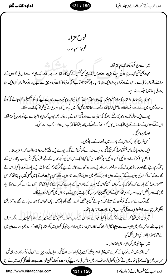 Urdu Adab ke Mashhoor (maroof) Afsanay is a second collection of selective short stories (afsane) of famous urdu writers (afsana nigar). It contains Kali Bala by Shaukat Siddiqi, Qaidi by Ibrahim Jalees, Akhrot Jha chuha bhes by Mumtaz Mufti, Saib ka Darakht, Bottle ka Jini by A. Hameed, Fasla by Wajda Tabassum, Badam Rangi by Balwant Singh, Bayhuda Khawand by Kanhaya Lal Kapoor, Ajeeb Qatal by Sheen Meem Jamil, Dil hi tou hay, Bhanwar, Gondani by Ghulam Abbas, Majeed ka Mazi, Pooja Phadday Baz by Saadat Hasan Manto, Mader Zaad by Khawaja Ahmed Abbas, Ooper Gori ka makaan by Agha Babar, Adha by Gulzar, SahibaN Mirza by Ali Haider Malik, Lottery by Munshi Prem Chand, Molvi Maherban Ali by Ibn-e-Insha, Lemon Juice by Chiter Sain, Gher Qanooni Mashwara, Loh-e-Mazar by MopasaN (terjuma), Aik thi Fakhta by Muhammad Mansha Yaad, Soti Salgira by Ashfaq Ahmed