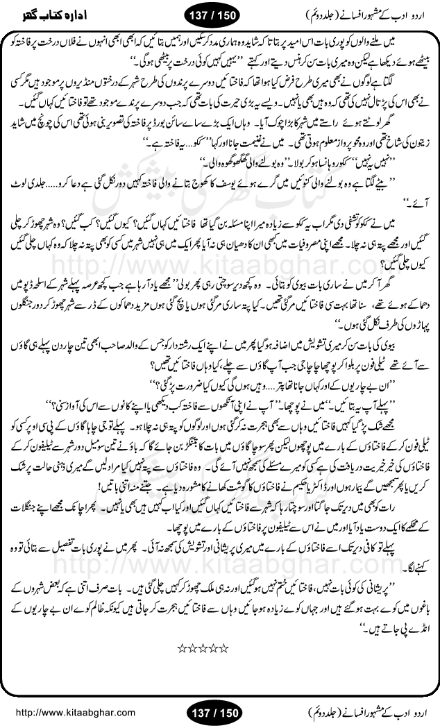 Urdu Adab ke Mashhoor (maroof) Afsanay is a second collection of selective short stories (afsane) of famous urdu writers (afsana nigar). It contains Kali Bala by Shaukat Siddiqi, Qaidi by Ibrahim Jalees, Akhrot Jha chuha bhes by Mumtaz Mufti, Saib ka Darakht, Bottle ka Jini by A. Hameed, Fasla by Wajda Tabassum, Badam Rangi by Balwant Singh, Bayhuda Khawand by Kanhaya Lal Kapoor, Ajeeb Qatal by Sheen Meem Jamil, Dil hi tou hay, Bhanwar, Gondani by Ghulam Abbas, Majeed ka Mazi, Pooja Phadday Baz by Saadat Hasan Manto, Mader Zaad by Khawaja Ahmed Abbas, Ooper Gori ka makaan by Agha Babar, Adha by Gulzar, SahibaN Mirza by Ali Haider Malik, Lottery by Munshi Prem Chand, Molvi Maherban Ali by Ibn-e-Insha, Lemon Juice by Chiter Sain, Gher Qanooni Mashwara, Loh-e-Mazar by MopasaN (terjuma), Aik thi Fakhta by Muhammad Mansha Yaad, Soti Salgira by Ashfaq Ahmed