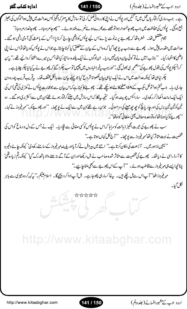Urdu Adab ke Mashhoor (maroof) Afsanay is a second collection of selective short stories (afsane) of famous urdu writers (afsana nigar). It contains Kali Bala by Shaukat Siddiqi, Qaidi by Ibrahim Jalees, Akhrot Jha chuha bhes by Mumtaz Mufti, Saib ka Darakht, Bottle ka Jini by A. Hameed, Fasla by Wajda Tabassum, Badam Rangi by Balwant Singh, Bayhuda Khawand by Kanhaya Lal Kapoor, Ajeeb Qatal by Sheen Meem Jamil, Dil hi tou hay, Bhanwar, Gondani by Ghulam Abbas, Majeed ka Mazi, Pooja Phadday Baz by Saadat Hasan Manto, Mader Zaad by Khawaja Ahmed Abbas, Ooper Gori ka makaan by Agha Babar, Adha by Gulzar, SahibaN Mirza by Ali Haider Malik, Lottery by Munshi Prem Chand, Molvi Maherban Ali by Ibn-e-Insha, Lemon Juice by Chiter Sain, Gher Qanooni Mashwara, Loh-e-Mazar by MopasaN (terjuma), Aik thi Fakhta by Muhammad Mansha Yaad, Soti Salgira by Ashfaq Ahmed