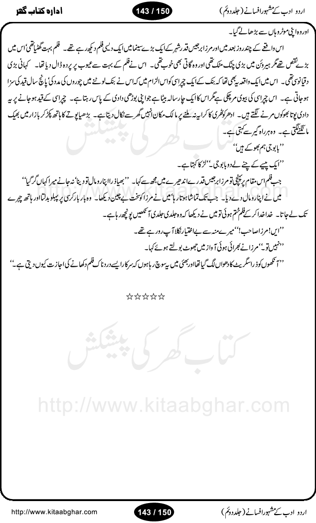 Urdu Adab ke Mashhoor (maroof) Afsanay is a second collection of selective short stories (afsane) of famous urdu writers (afsana nigar). It contains Kali Bala by Shaukat Siddiqi, Qaidi by Ibrahim Jalees, Akhrot Jha chuha bhes by Mumtaz Mufti, Saib ka Darakht, Bottle ka Jini by A. Hameed, Fasla by Wajda Tabassum, Badam Rangi by Balwant Singh, Bayhuda Khawand by Kanhaya Lal Kapoor, Ajeeb Qatal by Sheen Meem Jamil, Dil hi tou hay, Bhanwar, Gondani by Ghulam Abbas, Majeed ka Mazi, Pooja Phadday Baz by Saadat Hasan Manto, Mader Zaad by Khawaja Ahmed Abbas, Ooper Gori ka makaan by Agha Babar, Adha by Gulzar, SahibaN Mirza by Ali Haider Malik, Lottery by Munshi Prem Chand, Molvi Maherban Ali by Ibn-e-Insha, Lemon Juice by Chiter Sain, Gher Qanooni Mashwara, Loh-e-Mazar by MopasaN (terjuma), Aik thi Fakhta by Muhammad Mansha Yaad, Soti Salgira by Ashfaq Ahmed
