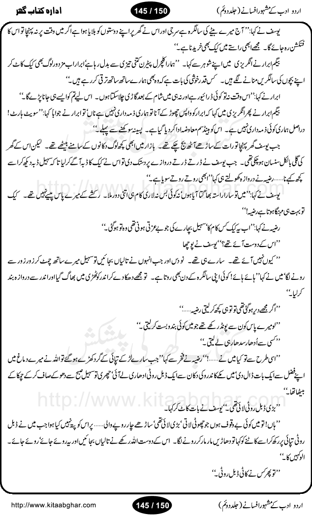 Urdu Adab ke Mashhoor (maroof) Afsanay is a second collection of selective short stories (afsane) of famous urdu writers (afsana nigar). It contains Kali Bala by Shaukat Siddiqi, Qaidi by Ibrahim Jalees, Akhrot Jha chuha bhes by Mumtaz Mufti, Saib ka Darakht, Bottle ka Jini by A. Hameed, Fasla by Wajda Tabassum, Badam Rangi by Balwant Singh, Bayhuda Khawand by Kanhaya Lal Kapoor, Ajeeb Qatal by Sheen Meem Jamil, Dil hi tou hay, Bhanwar, Gondani by Ghulam Abbas, Majeed ka Mazi, Pooja Phadday Baz by Saadat Hasan Manto, Mader Zaad by Khawaja Ahmed Abbas, Ooper Gori ka makaan by Agha Babar, Adha by Gulzar, SahibaN Mirza by Ali Haider Malik, Lottery by Munshi Prem Chand, Molvi Maherban Ali by Ibn-e-Insha, Lemon Juice by Chiter Sain, Gher Qanooni Mashwara, Loh-e-Mazar by MopasaN (terjuma), Aik thi Fakhta by Muhammad Mansha Yaad, Soti Salgira by Ashfaq Ahmed