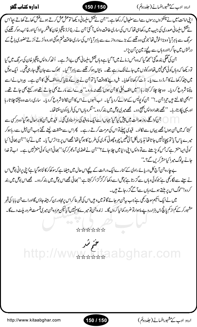 Urdu Adab ke Mashhoor (maroof) Afsanay is a second collection of selective short stories (afsane) of famous urdu writers (afsana nigar). It contains Kali Bala by Shaukat Siddiqi, Qaidi by Ibrahim Jalees, Akhrot Jha chuha bhes by Mumtaz Mufti, Saib ka Darakht, Bottle ka Jini by A. Hameed, Fasla by Wajda Tabassum, Badam Rangi by Balwant Singh, Bayhuda Khawand by Kanhaya Lal Kapoor, Ajeeb Qatal by Sheen Meem Jamil, Dil hi tou hay, Bhanwar, Gondani by Ghulam Abbas, Majeed ka Mazi, Pooja Phadday Baz by Saadat Hasan Manto, Mader Zaad by Khawaja Ahmed Abbas, Ooper Gori ka makaan by Agha Babar, Adha by Gulzar, SahibaN Mirza by Ali Haider Malik, Lottery by Munshi Prem Chand, Molvi Maherban Ali by Ibn-e-Insha, Lemon Juice by Chiter Sain, Gher Qanooni Mashwara, Loh-e-Mazar by MopasaN (terjuma), Aik thi Fakhta by Muhammad Mansha Yaad, Soti Salgira by Ashfaq Ahmed