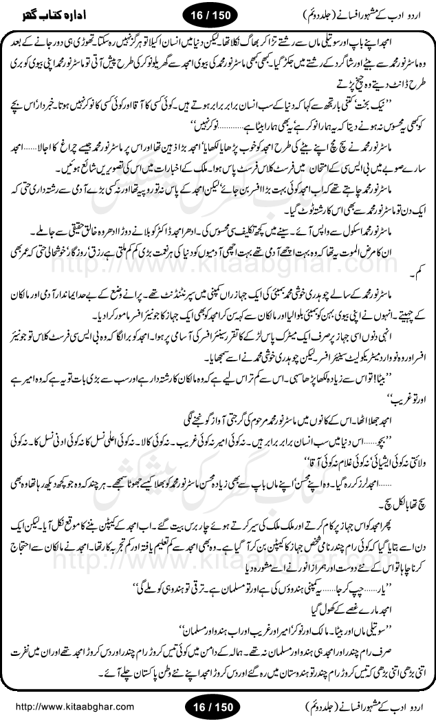 Urdu Adab ke Mashhoor (maroof) Afsanay is a second collection of selective short stories (afsane) of famous urdu writers (afsana nigar). It contains Kali Bala by Shaukat Siddiqi, Qaidi by Ibrahim Jalees, Akhrot Jha chuha bhes by Mumtaz Mufti, Saib ka Darakht, Bottle ka Jini by A. Hameed, Fasla by Wajda Tabassum, Badam Rangi by Balwant Singh, Bayhuda Khawand by Kanhaya Lal Kapoor, Ajeeb Qatal by Sheen Meem Jamil, Dil hi tou hay, Bhanwar, Gondani by Ghulam Abbas, Majeed ka Mazi, Pooja Phadday Baz by Saadat Hasan Manto, Mader Zaad by Khawaja Ahmed Abbas, Ooper Gori ka makaan by Agha Babar, Adha by Gulzar, SahibaN Mirza by Ali Haider Malik, Lottery by Munshi Prem Chand, Molvi Maherban Ali by Ibn-e-Insha, Lemon Juice by Chiter Sain, Gher Qanooni Mashwara, Loh-e-Mazar by MopasaN (terjuma), Aik thi Fakhta by Muhammad Mansha Yaad, Soti Salgira by Ashfaq Ahmed