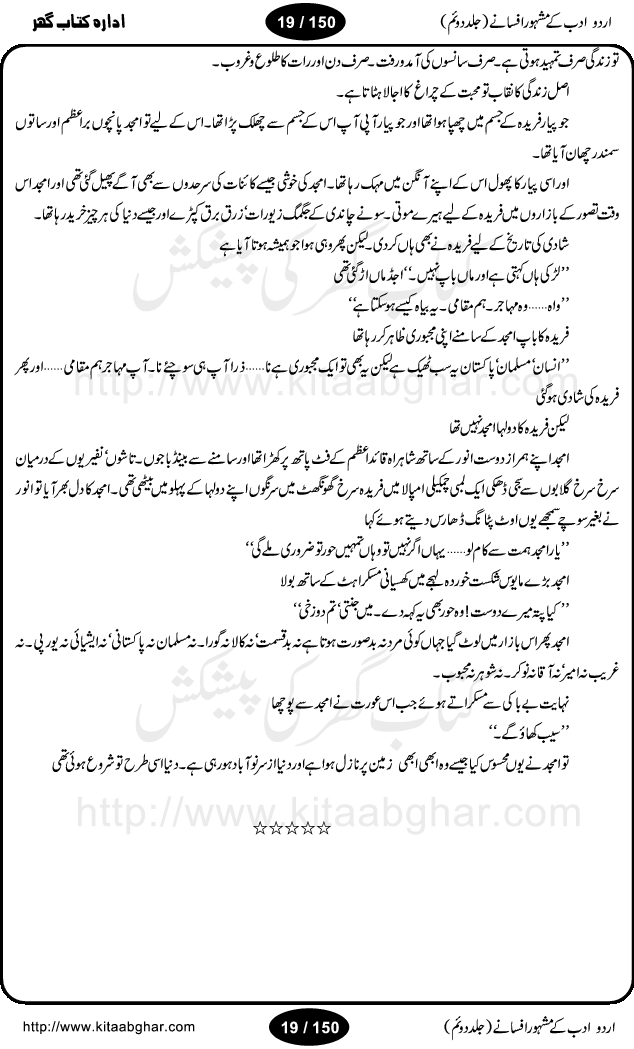Urdu Adab ke Mashhoor (maroof) Afsanay is a second collection of selective short stories (afsane) of famous urdu writers (afsana nigar). It contains Kali Bala by Shaukat Siddiqi, Qaidi by Ibrahim Jalees, Akhrot Jha chuha bhes by Mumtaz Mufti, Saib ka Darakht, Bottle ka Jini by A. Hameed, Fasla by Wajda Tabassum, Badam Rangi by Balwant Singh, Bayhuda Khawand by Kanhaya Lal Kapoor, Ajeeb Qatal by Sheen Meem Jamil, Dil hi tou hay, Bhanwar, Gondani by Ghulam Abbas, Majeed ka Mazi, Pooja Phadday Baz by Saadat Hasan Manto, Mader Zaad by Khawaja Ahmed Abbas, Ooper Gori ka makaan by Agha Babar, Adha by Gulzar, SahibaN Mirza by Ali Haider Malik, Lottery by Munshi Prem Chand, Molvi Maherban Ali by Ibn-e-Insha, Lemon Juice by Chiter Sain, Gher Qanooni Mashwara, Loh-e-Mazar by MopasaN (terjuma), Aik thi Fakhta by Muhammad Mansha Yaad, Soti Salgira by Ashfaq Ahmed