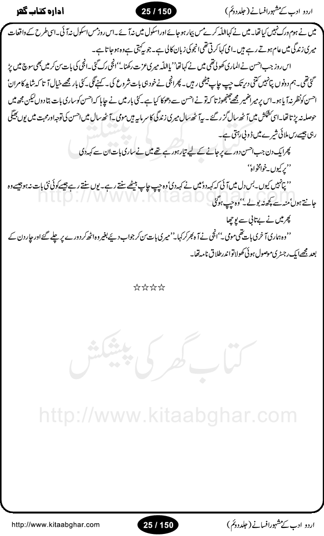 Urdu Adab ke Mashhoor (maroof) Afsanay is a second collection of selective short stories (afsane) of famous urdu writers (afsana nigar). It contains Kali Bala by Shaukat Siddiqi, Qaidi by Ibrahim Jalees, Akhrot Jha chuha bhes by Mumtaz Mufti, Saib ka Darakht, Bottle ka Jini by A. Hameed, Fasla by Wajda Tabassum, Badam Rangi by Balwant Singh, Bayhuda Khawand by Kanhaya Lal Kapoor, Ajeeb Qatal by Sheen Meem Jamil, Dil hi tou hay, Bhanwar, Gondani by Ghulam Abbas, Majeed ka Mazi, Pooja Phadday Baz by Saadat Hasan Manto, Mader Zaad by Khawaja Ahmed Abbas, Ooper Gori ka makaan by Agha Babar, Adha by Gulzar, SahibaN Mirza by Ali Haider Malik, Lottery by Munshi Prem Chand, Molvi Maherban Ali by Ibn-e-Insha, Lemon Juice by Chiter Sain, Gher Qanooni Mashwara, Loh-e-Mazar by MopasaN (terjuma), Aik thi Fakhta by Muhammad Mansha Yaad, Soti Salgira by Ashfaq Ahmed