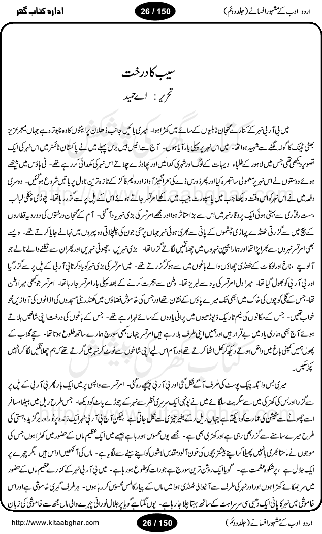 Urdu Adab ke Mashhoor (maroof) Afsanay is a second collection of selective short stories (afsane) of famous urdu writers (afsana nigar). It contains Kali Bala by Shaukat Siddiqi, Qaidi by Ibrahim Jalees, Akhrot Jha chuha bhes by Mumtaz Mufti, Saib ka Darakht, Bottle ka Jini by A. Hameed, Fasla by Wajda Tabassum, Badam Rangi by Balwant Singh, Bayhuda Khawand by Kanhaya Lal Kapoor, Ajeeb Qatal by Sheen Meem Jamil, Dil hi tou hay, Bhanwar, Gondani by Ghulam Abbas, Majeed ka Mazi, Pooja Phadday Baz by Saadat Hasan Manto, Mader Zaad by Khawaja Ahmed Abbas, Ooper Gori ka makaan by Agha Babar, Adha by Gulzar, SahibaN Mirza by Ali Haider Malik, Lottery by Munshi Prem Chand, Molvi Maherban Ali by Ibn-e-Insha, Lemon Juice by Chiter Sain, Gher Qanooni Mashwara, Loh-e-Mazar by MopasaN (terjuma), Aik thi Fakhta by Muhammad Mansha Yaad, Soti Salgira by Ashfaq Ahmed