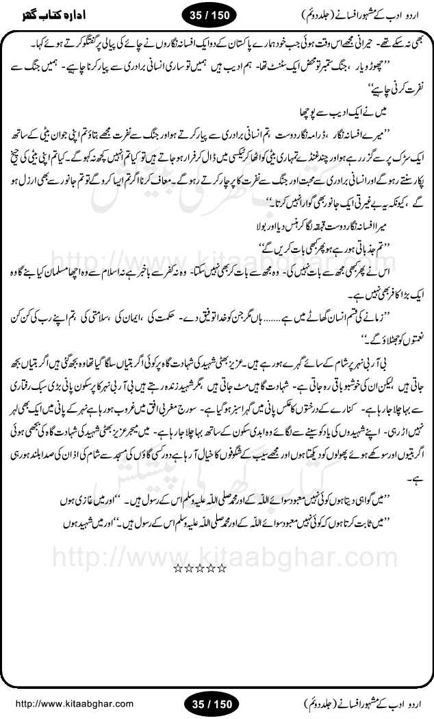 Urdu Adab ke Mashhoor (maroof) Afsanay is a second collection of selective short stories (afsane) of famous urdu writers (afsana nigar). It contains Kali Bala by Shaukat Siddiqi, Qaidi by Ibrahim Jalees, Akhrot Jha chuha bhes by Mumtaz Mufti, Saib ka Darakht, Bottle ka Jini by A. Hameed, Fasla by Wajda Tabassum, Badam Rangi by Balwant Singh, Bayhuda Khawand by Kanhaya Lal Kapoor, Ajeeb Qatal by Sheen Meem Jamil, Dil hi tou hay, Bhanwar, Gondani by Ghulam Abbas, Majeed ka Mazi, Pooja Phadday Baz by Saadat Hasan Manto, Mader Zaad by Khawaja Ahmed Abbas, Ooper Gori ka makaan by Agha Babar, Adha by Gulzar, SahibaN Mirza by Ali Haider Malik, Lottery by Munshi Prem Chand, Molvi Maherban Ali by Ibn-e-Insha, Lemon Juice by Chiter Sain, Gher Qanooni Mashwara, Loh-e-Mazar by MopasaN (terjuma), Aik thi Fakhta by Muhammad Mansha Yaad, Soti Salgira by Ashfaq Ahmed