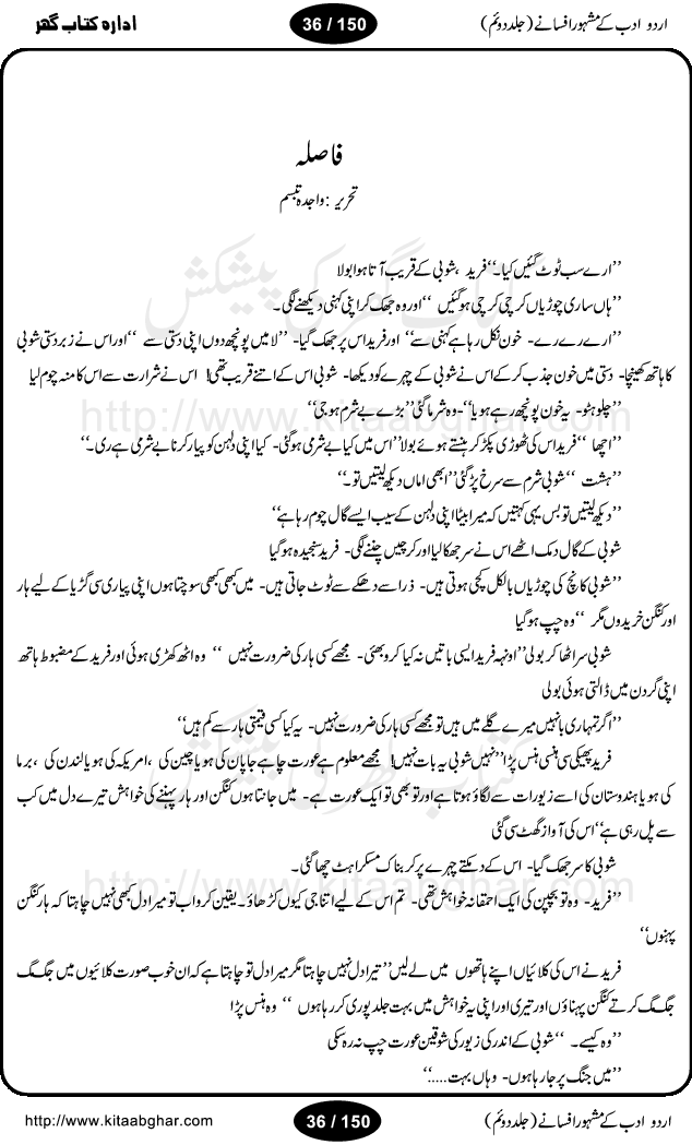 Urdu Adab ke Mashhoor (maroof) Afsanay is a second collection of selective short stories (afsane) of famous urdu writers (afsana nigar). It contains Kali Bala by Shaukat Siddiqi, Qaidi by Ibrahim Jalees, Akhrot Jha chuha bhes by Mumtaz Mufti, Saib ka Darakht, Bottle ka Jini by A. Hameed, Fasla by Wajda Tabassum, Badam Rangi by Balwant Singh, Bayhuda Khawand by Kanhaya Lal Kapoor, Ajeeb Qatal by Sheen Meem Jamil, Dil hi tou hay, Bhanwar, Gondani by Ghulam Abbas, Majeed ka Mazi, Pooja Phadday Baz by Saadat Hasan Manto, Mader Zaad by Khawaja Ahmed Abbas, Ooper Gori ka makaan by Agha Babar, Adha by Gulzar, SahibaN Mirza by Ali Haider Malik, Lottery by Munshi Prem Chand, Molvi Maherban Ali by Ibn-e-Insha, Lemon Juice by Chiter Sain, Gher Qanooni Mashwara, Loh-e-Mazar by MopasaN (terjuma), Aik thi Fakhta by Muhammad Mansha Yaad, Soti Salgira by Ashfaq Ahmed