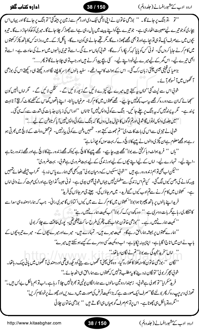 Urdu Adab ke Mashhoor (maroof) Afsanay is a second collection of selective short stories (afsane) of famous urdu writers (afsana nigar). It contains Kali Bala by Shaukat Siddiqi, Qaidi by Ibrahim Jalees, Akhrot Jha chuha bhes by Mumtaz Mufti, Saib ka Darakht, Bottle ka Jini by A. Hameed, Fasla by Wajda Tabassum, Badam Rangi by Balwant Singh, Bayhuda Khawand by Kanhaya Lal Kapoor, Ajeeb Qatal by Sheen Meem Jamil, Dil hi tou hay, Bhanwar, Gondani by Ghulam Abbas, Majeed ka Mazi, Pooja Phadday Baz by Saadat Hasan Manto, Mader Zaad by Khawaja Ahmed Abbas, Ooper Gori ka makaan by Agha Babar, Adha by Gulzar, SahibaN Mirza by Ali Haider Malik, Lottery by Munshi Prem Chand, Molvi Maherban Ali by Ibn-e-Insha, Lemon Juice by Chiter Sain, Gher Qanooni Mashwara, Loh-e-Mazar by MopasaN (terjuma), Aik thi Fakhta by Muhammad Mansha Yaad, Soti Salgira by Ashfaq Ahmed