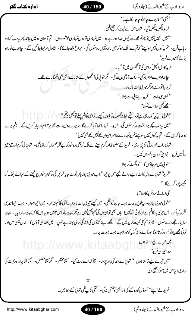 Urdu Adab ke Mashhoor (maroof) Afsanay is a second collection of selective short stories (afsane) of famous urdu writers (afsana nigar). It contains Kali Bala by Shaukat Siddiqi, Qaidi by Ibrahim Jalees, Akhrot Jha chuha bhes by Mumtaz Mufti, Saib ka Darakht, Bottle ka Jini by A. Hameed, Fasla by Wajda Tabassum, Badam Rangi by Balwant Singh, Bayhuda Khawand by Kanhaya Lal Kapoor, Ajeeb Qatal by Sheen Meem Jamil, Dil hi tou hay, Bhanwar, Gondani by Ghulam Abbas, Majeed ka Mazi, Pooja Phadday Baz by Saadat Hasan Manto, Mader Zaad by Khawaja Ahmed Abbas, Ooper Gori ka makaan by Agha Babar, Adha by Gulzar, SahibaN Mirza by Ali Haider Malik, Lottery by Munshi Prem Chand, Molvi Maherban Ali by Ibn-e-Insha, Lemon Juice by Chiter Sain, Gher Qanooni Mashwara, Loh-e-Mazar by MopasaN (terjuma), Aik thi Fakhta by Muhammad Mansha Yaad, Soti Salgira by Ashfaq Ahmed