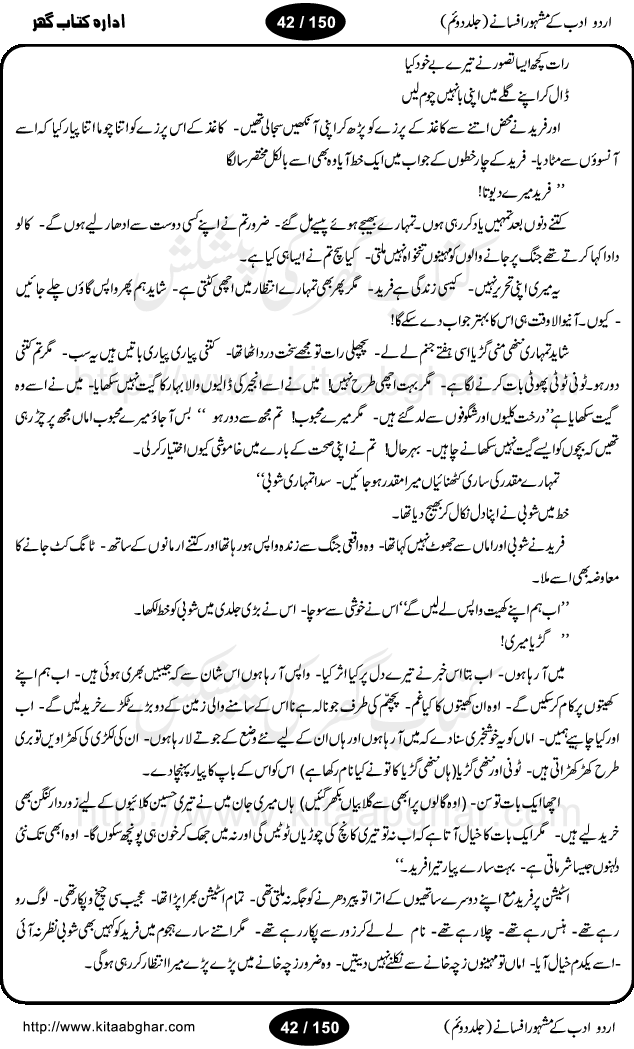 Urdu Adab ke Mashhoor (maroof) Afsanay is a second collection of selective short stories (afsane) of famous urdu writers (afsana nigar). It contains Kali Bala by Shaukat Siddiqi, Qaidi by Ibrahim Jalees, Akhrot Jha chuha bhes by Mumtaz Mufti, Saib ka Darakht, Bottle ka Jini by A. Hameed, Fasla by Wajda Tabassum, Badam Rangi by Balwant Singh, Bayhuda Khawand by Kanhaya Lal Kapoor, Ajeeb Qatal by Sheen Meem Jamil, Dil hi tou hay, Bhanwar, Gondani by Ghulam Abbas, Majeed ka Mazi, Pooja Phadday Baz by Saadat Hasan Manto, Mader Zaad by Khawaja Ahmed Abbas, Ooper Gori ka makaan by Agha Babar, Adha by Gulzar, SahibaN Mirza by Ali Haider Malik, Lottery by Munshi Prem Chand, Molvi Maherban Ali by Ibn-e-Insha, Lemon Juice by Chiter Sain, Gher Qanooni Mashwara, Loh-e-Mazar by MopasaN (terjuma), Aik thi Fakhta by Muhammad Mansha Yaad, Soti Salgira by Ashfaq Ahmed