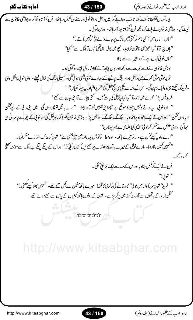 Urdu Adab ke Mashhoor (maroof) Afsanay is a second collection of selective short stories (afsane) of famous urdu writers (afsana nigar). It contains Kali Bala by Shaukat Siddiqi, Qaidi by Ibrahim Jalees, Akhrot Jha chuha bhes by Mumtaz Mufti, Saib ka Darakht, Bottle ka Jini by A. Hameed, Fasla by Wajda Tabassum, Badam Rangi by Balwant Singh, Bayhuda Khawand by Kanhaya Lal Kapoor, Ajeeb Qatal by Sheen Meem Jamil, Dil hi tou hay, Bhanwar, Gondani by Ghulam Abbas, Majeed ka Mazi, Pooja Phadday Baz by Saadat Hasan Manto, Mader Zaad by Khawaja Ahmed Abbas, Ooper Gori ka makaan by Agha Babar, Adha by Gulzar, SahibaN Mirza by Ali Haider Malik, Lottery by Munshi Prem Chand, Molvi Maherban Ali by Ibn-e-Insha, Lemon Juice by Chiter Sain, Gher Qanooni Mashwara, Loh-e-Mazar by MopasaN (terjuma), Aik thi Fakhta by Muhammad Mansha Yaad, Soti Salgira by Ashfaq Ahmed