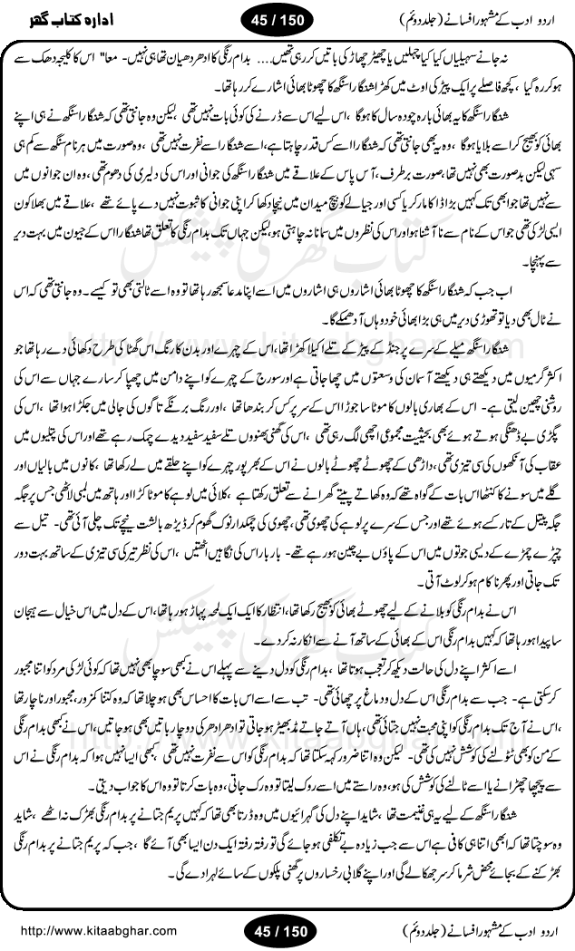 Urdu Adab ke Mashhoor (maroof) Afsanay is a second collection of selective short stories (afsane) of famous urdu writers (afsana nigar). It contains Kali Bala by Shaukat Siddiqi, Qaidi by Ibrahim Jalees, Akhrot Jha chuha bhes by Mumtaz Mufti, Saib ka Darakht, Bottle ka Jini by A. Hameed, Fasla by Wajda Tabassum, Badam Rangi by Balwant Singh, Bayhuda Khawand by Kanhaya Lal Kapoor, Ajeeb Qatal by Sheen Meem Jamil, Dil hi tou hay, Bhanwar, Gondani by Ghulam Abbas, Majeed ka Mazi, Pooja Phadday Baz by Saadat Hasan Manto, Mader Zaad by Khawaja Ahmed Abbas, Ooper Gori ka makaan by Agha Babar, Adha by Gulzar, SahibaN Mirza by Ali Haider Malik, Lottery by Munshi Prem Chand, Molvi Maherban Ali by Ibn-e-Insha, Lemon Juice by Chiter Sain, Gher Qanooni Mashwara, Loh-e-Mazar by MopasaN (terjuma), Aik thi Fakhta by Muhammad Mansha Yaad, Soti Salgira by Ashfaq Ahmed