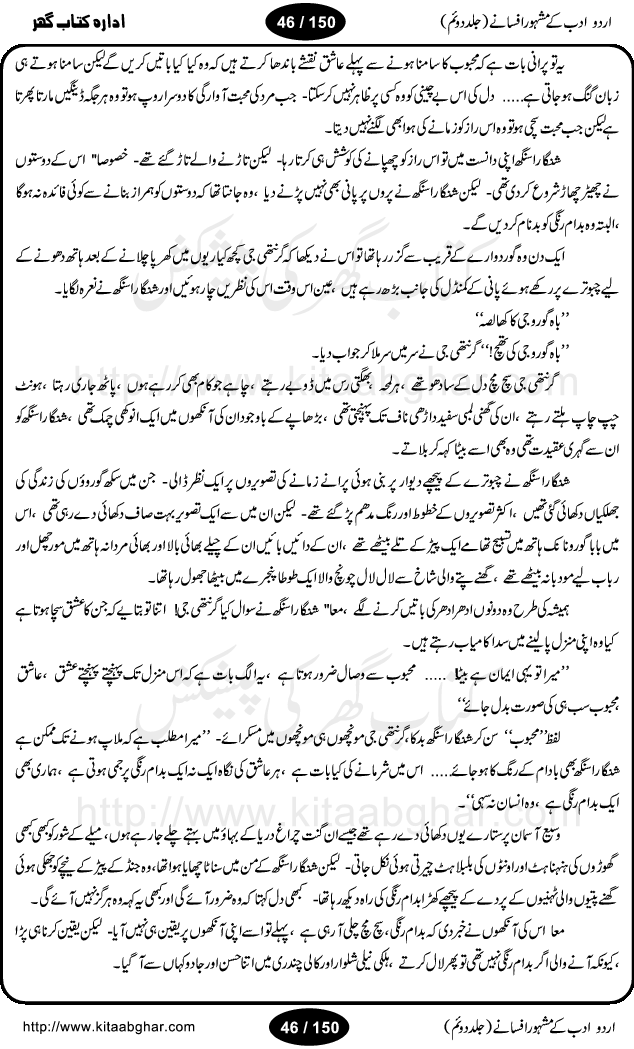 Urdu Adab ke Mashhoor (maroof) Afsanay is a second collection of selective short stories (afsane) of famous urdu writers (afsana nigar). It contains Kali Bala by Shaukat Siddiqi, Qaidi by Ibrahim Jalees, Akhrot Jha chuha bhes by Mumtaz Mufti, Saib ka Darakht, Bottle ka Jini by A. Hameed, Fasla by Wajda Tabassum, Badam Rangi by Balwant Singh, Bayhuda Khawand by Kanhaya Lal Kapoor, Ajeeb Qatal by Sheen Meem Jamil, Dil hi tou hay, Bhanwar, Gondani by Ghulam Abbas, Majeed ka Mazi, Pooja Phadday Baz by Saadat Hasan Manto, Mader Zaad by Khawaja Ahmed Abbas, Ooper Gori ka makaan by Agha Babar, Adha by Gulzar, SahibaN Mirza by Ali Haider Malik, Lottery by Munshi Prem Chand, Molvi Maherban Ali by Ibn-e-Insha, Lemon Juice by Chiter Sain, Gher Qanooni Mashwara, Loh-e-Mazar by MopasaN (terjuma), Aik thi Fakhta by Muhammad Mansha Yaad, Soti Salgira by Ashfaq Ahmed