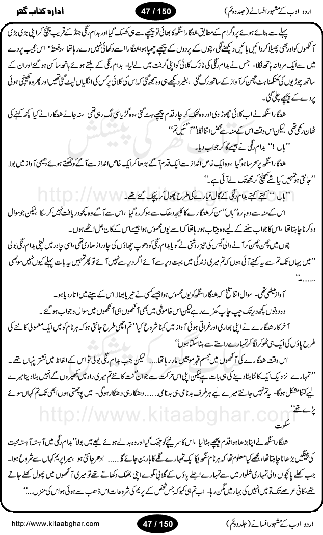 Urdu Adab ke Mashhoor (maroof) Afsanay is a second collection of selective short stories (afsane) of famous urdu writers (afsana nigar). It contains Kali Bala by Shaukat Siddiqi, Qaidi by Ibrahim Jalees, Akhrot Jha chuha bhes by Mumtaz Mufti, Saib ka Darakht, Bottle ka Jini by A. Hameed, Fasla by Wajda Tabassum, Badam Rangi by Balwant Singh, Bayhuda Khawand by Kanhaya Lal Kapoor, Ajeeb Qatal by Sheen Meem Jamil, Dil hi tou hay, Bhanwar, Gondani by Ghulam Abbas, Majeed ka Mazi, Pooja Phadday Baz by Saadat Hasan Manto, Mader Zaad by Khawaja Ahmed Abbas, Ooper Gori ka makaan by Agha Babar, Adha by Gulzar, SahibaN Mirza by Ali Haider Malik, Lottery by Munshi Prem Chand, Molvi Maherban Ali by Ibn-e-Insha, Lemon Juice by Chiter Sain, Gher Qanooni Mashwara, Loh-e-Mazar by MopasaN (terjuma), Aik thi Fakhta by Muhammad Mansha Yaad, Soti Salgira by Ashfaq Ahmed