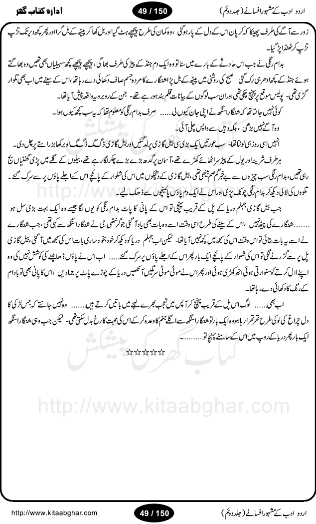Urdu Adab ke Mashhoor (maroof) Afsanay is a second collection of selective short stories (afsane) of famous urdu writers (afsana nigar). It contains Kali Bala by Shaukat Siddiqi, Qaidi by Ibrahim Jalees, Akhrot Jha chuha bhes by Mumtaz Mufti, Saib ka Darakht, Bottle ka Jini by A. Hameed, Fasla by Wajda Tabassum, Badam Rangi by Balwant Singh, Bayhuda Khawand by Kanhaya Lal Kapoor, Ajeeb Qatal by Sheen Meem Jamil, Dil hi tou hay, Bhanwar, Gondani by Ghulam Abbas, Majeed ka Mazi, Pooja Phadday Baz by Saadat Hasan Manto, Mader Zaad by Khawaja Ahmed Abbas, Ooper Gori ka makaan by Agha Babar, Adha by Gulzar, SahibaN Mirza by Ali Haider Malik, Lottery by Munshi Prem Chand, Molvi Maherban Ali by Ibn-e-Insha, Lemon Juice by Chiter Sain, Gher Qanooni Mashwara, Loh-e-Mazar by MopasaN (terjuma), Aik thi Fakhta by Muhammad Mansha Yaad, Soti Salgira by Ashfaq Ahmed