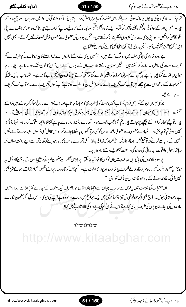 Urdu Adab ke Mashhoor (maroof) Afsanay is a second collection of selective short stories (afsane) of famous urdu writers (afsana nigar). It contains Kali Bala by Shaukat Siddiqi, Qaidi by Ibrahim Jalees, Akhrot Jha chuha bhes by Mumtaz Mufti, Saib ka Darakht, Bottle ka Jini by A. Hameed, Fasla by Wajda Tabassum, Badam Rangi by Balwant Singh, Bayhuda Khawand by Kanhaya Lal Kapoor, Ajeeb Qatal by Sheen Meem Jamil, Dil hi tou hay, Bhanwar, Gondani by Ghulam Abbas, Majeed ka Mazi, Pooja Phadday Baz by Saadat Hasan Manto, Mader Zaad by Khawaja Ahmed Abbas, Ooper Gori ka makaan by Agha Babar, Adha by Gulzar, SahibaN Mirza by Ali Haider Malik, Lottery by Munshi Prem Chand, Molvi Maherban Ali by Ibn-e-Insha, Lemon Juice by Chiter Sain, Gher Qanooni Mashwara, Loh-e-Mazar by MopasaN (terjuma), Aik thi Fakhta by Muhammad Mansha Yaad, Soti Salgira by Ashfaq Ahmed