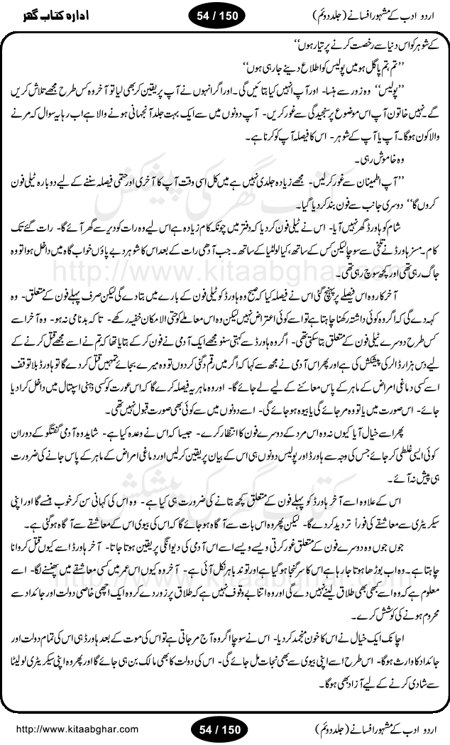 Urdu Adab ke Mashhoor (maroof) Afsanay is a second collection of selective short stories (afsane) of famous urdu writers (afsana nigar). It contains Kali Bala by Shaukat Siddiqi, Qaidi by Ibrahim Jalees, Akhrot Jha chuha bhes by Mumtaz Mufti, Saib ka Darakht, Bottle ka Jini by A. Hameed, Fasla by Wajda Tabassum, Badam Rangi by Balwant Singh, Bayhuda Khawand by Kanhaya Lal Kapoor, Ajeeb Qatal by Sheen Meem Jamil, Dil hi tou hay, Bhanwar, Gondani by Ghulam Abbas, Majeed ka Mazi, Pooja Phadday Baz by Saadat Hasan Manto, Mader Zaad by Khawaja Ahmed Abbas, Ooper Gori ka makaan by Agha Babar, Adha by Gulzar, SahibaN Mirza by Ali Haider Malik, Lottery by Munshi Prem Chand, Molvi Maherban Ali by Ibn-e-Insha, Lemon Juice by Chiter Sain, Gher Qanooni Mashwara, Loh-e-Mazar by MopasaN (terjuma), Aik thi Fakhta by Muhammad Mansha Yaad, Soti Salgira by Ashfaq Ahmed