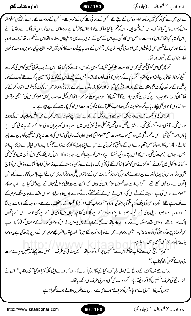 Urdu Adab ke Mashhoor (maroof) Afsanay is a second collection of selective short stories (afsane) of famous urdu writers (afsana nigar). It contains Kali Bala by Shaukat Siddiqi, Qaidi by Ibrahim Jalees, Akhrot Jha chuha bhes by Mumtaz Mufti, Saib ka Darakht, Bottle ka Jini by A. Hameed, Fasla by Wajda Tabassum, Badam Rangi by Balwant Singh, Bayhuda Khawand by Kanhaya Lal Kapoor, Ajeeb Qatal by Sheen Meem Jamil, Dil hi tou hay, Bhanwar, Gondani by Ghulam Abbas, Majeed ka Mazi, Pooja Phadday Baz by Saadat Hasan Manto, Mader Zaad by Khawaja Ahmed Abbas, Ooper Gori ka makaan by Agha Babar, Adha by Gulzar, SahibaN Mirza by Ali Haider Malik, Lottery by Munshi Prem Chand, Molvi Maherban Ali by Ibn-e-Insha, Lemon Juice by Chiter Sain, Gher Qanooni Mashwara, Loh-e-Mazar by MopasaN (terjuma), Aik thi Fakhta by Muhammad Mansha Yaad, Soti Salgira by Ashfaq Ahmed