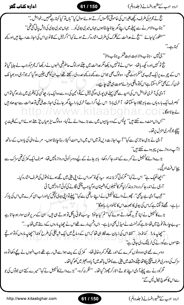 Urdu Adab ke Mashhoor (maroof) Afsanay is a second collection of selective short stories (afsane) of famous urdu writers (afsana nigar). It contains Kali Bala by Shaukat Siddiqi, Qaidi by Ibrahim Jalees, Akhrot Jha chuha bhes by Mumtaz Mufti, Saib ka Darakht, Bottle ka Jini by A. Hameed, Fasla by Wajda Tabassum, Badam Rangi by Balwant Singh, Bayhuda Khawand by Kanhaya Lal Kapoor, Ajeeb Qatal by Sheen Meem Jamil, Dil hi tou hay, Bhanwar, Gondani by Ghulam Abbas, Majeed ka Mazi, Pooja Phadday Baz by Saadat Hasan Manto, Mader Zaad by Khawaja Ahmed Abbas, Ooper Gori ka makaan by Agha Babar, Adha by Gulzar, SahibaN Mirza by Ali Haider Malik, Lottery by Munshi Prem Chand, Molvi Maherban Ali by Ibn-e-Insha, Lemon Juice by Chiter Sain, Gher Qanooni Mashwara, Loh-e-Mazar by MopasaN (terjuma), Aik thi Fakhta by Muhammad Mansha Yaad, Soti Salgira by Ashfaq Ahmed