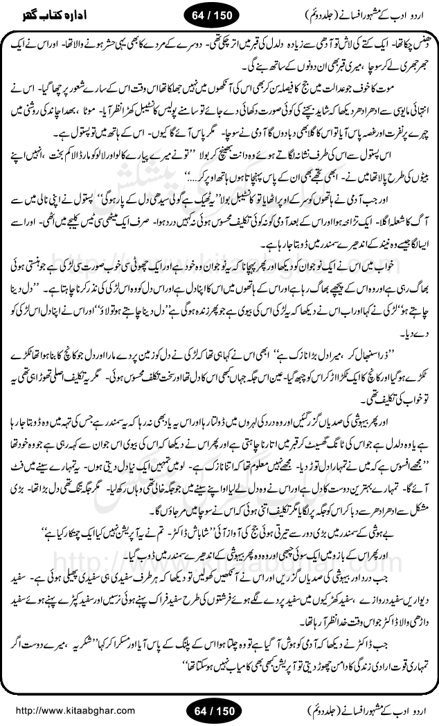 Urdu Adab ke Mashhoor (maroof) Afsanay is a second collection of selective short stories (afsane) of famous urdu writers (afsana nigar). It contains Kali Bala by Shaukat Siddiqi, Qaidi by Ibrahim Jalees, Akhrot Jha chuha bhes by Mumtaz Mufti, Saib ka Darakht, Bottle ka Jini by A. Hameed, Fasla by Wajda Tabassum, Badam Rangi by Balwant Singh, Bayhuda Khawand by Kanhaya Lal Kapoor, Ajeeb Qatal by Sheen Meem Jamil, Dil hi tou hay, Bhanwar, Gondani by Ghulam Abbas, Majeed ka Mazi, Pooja Phadday Baz by Saadat Hasan Manto, Mader Zaad by Khawaja Ahmed Abbas, Ooper Gori ka makaan by Agha Babar, Adha by Gulzar, SahibaN Mirza by Ali Haider Malik, Lottery by Munshi Prem Chand, Molvi Maherban Ali by Ibn-e-Insha, Lemon Juice by Chiter Sain, Gher Qanooni Mashwara, Loh-e-Mazar by MopasaN (terjuma), Aik thi Fakhta by Muhammad Mansha Yaad, Soti Salgira by Ashfaq Ahmed