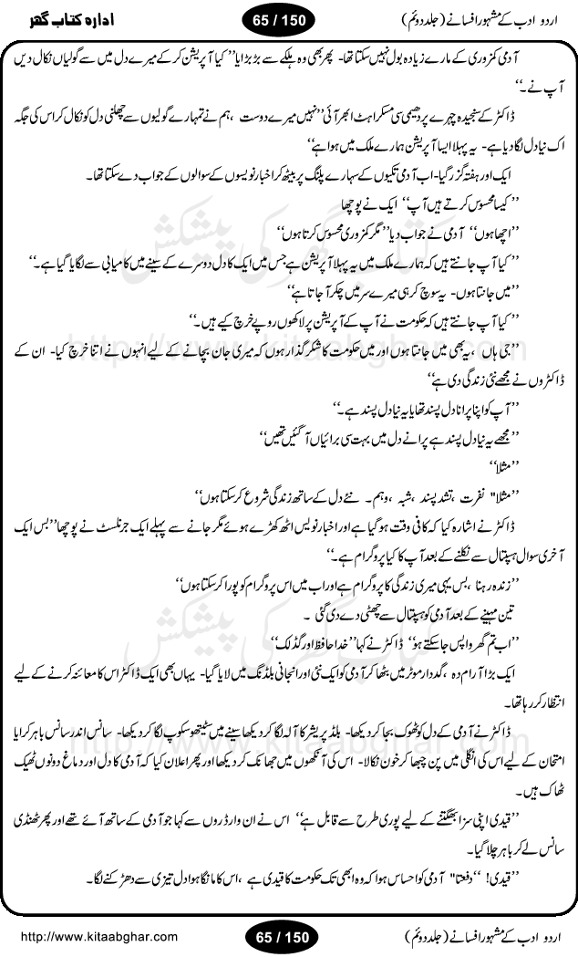 Urdu Adab ke Mashhoor (maroof) Afsanay is a second collection of selective short stories (afsane) of famous urdu writers (afsana nigar). It contains Kali Bala by Shaukat Siddiqi, Qaidi by Ibrahim Jalees, Akhrot Jha chuha bhes by Mumtaz Mufti, Saib ka Darakht, Bottle ka Jini by A. Hameed, Fasla by Wajda Tabassum, Badam Rangi by Balwant Singh, Bayhuda Khawand by Kanhaya Lal Kapoor, Ajeeb Qatal by Sheen Meem Jamil, Dil hi tou hay, Bhanwar, Gondani by Ghulam Abbas, Majeed ka Mazi, Pooja Phadday Baz by Saadat Hasan Manto, Mader Zaad by Khawaja Ahmed Abbas, Ooper Gori ka makaan by Agha Babar, Adha by Gulzar, SahibaN Mirza by Ali Haider Malik, Lottery by Munshi Prem Chand, Molvi Maherban Ali by Ibn-e-Insha, Lemon Juice by Chiter Sain, Gher Qanooni Mashwara, Loh-e-Mazar by MopasaN (terjuma), Aik thi Fakhta by Muhammad Mansha Yaad, Soti Salgira by Ashfaq Ahmed