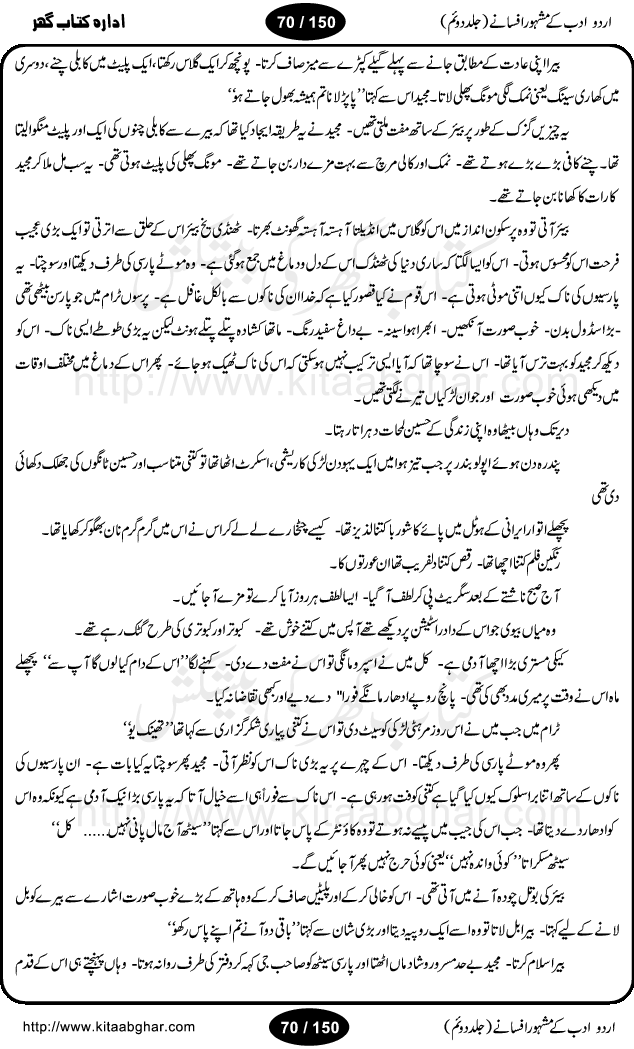 Urdu Adab ke Mashhoor (maroof) Afsanay is a second collection of selective short stories (afsane) of famous urdu writers (afsana nigar). It contains Kali Bala by Shaukat Siddiqi, Qaidi by Ibrahim Jalees, Akhrot Jha chuha bhes by Mumtaz Mufti, Saib ka Darakht, Bottle ka Jini by A. Hameed, Fasla by Wajda Tabassum, Badam Rangi by Balwant Singh, Bayhuda Khawand by Kanhaya Lal Kapoor, Ajeeb Qatal by Sheen Meem Jamil, Dil hi tou hay, Bhanwar, Gondani by Ghulam Abbas, Majeed ka Mazi, Pooja Phadday Baz by Saadat Hasan Manto, Mader Zaad by Khawaja Ahmed Abbas, Ooper Gori ka makaan by Agha Babar, Adha by Gulzar, SahibaN Mirza by Ali Haider Malik, Lottery by Munshi Prem Chand, Molvi Maherban Ali by Ibn-e-Insha, Lemon Juice by Chiter Sain, Gher Qanooni Mashwara, Loh-e-Mazar by MopasaN (terjuma), Aik thi Fakhta by Muhammad Mansha Yaad, Soti Salgira by Ashfaq Ahmed