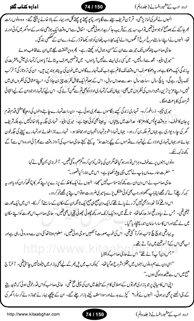 Urdu Adab ke Mashhoor (maroof) Afsanay is a second collection of selective short stories (afsane) of famous urdu writers (afsana nigar). It contains Kali Bala by Shaukat Siddiqi, Qaidi by Ibrahim Jalees, Akhrot Jha chuha bhes by Mumtaz Mufti, Saib ka Darakht, Bottle ka Jini by A. Hameed, Fasla by Wajda Tabassum, Badam Rangi by Balwant Singh, Bayhuda Khawand by Kanhaya Lal Kapoor, Ajeeb Qatal by Sheen Meem Jamil, Dil hi tou hay, Bhanwar, Gondani by Ghulam Abbas, Majeed ka Mazi, Pooja Phadday Baz by Saadat Hasan Manto, Mader Zaad by Khawaja Ahmed Abbas, Ooper Gori ka makaan by Agha Babar, Adha by Gulzar, SahibaN Mirza by Ali Haider Malik, Lottery by Munshi Prem Chand, Molvi Maherban Ali by Ibn-e-Insha, Lemon Juice by Chiter Sain, Gher Qanooni Mashwara, Loh-e-Mazar by MopasaN (terjuma), Aik thi Fakhta by Muhammad Mansha Yaad, Soti Salgira by Ashfaq Ahmed
