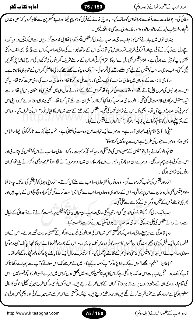 Urdu Adab ke Mashhoor (maroof) Afsanay is a second collection of selective short stories (afsane) of famous urdu writers (afsana nigar). It contains Kali Bala by Shaukat Siddiqi, Qaidi by Ibrahim Jalees, Akhrot Jha chuha bhes by Mumtaz Mufti, Saib ka Darakht, Bottle ka Jini by A. Hameed, Fasla by Wajda Tabassum, Badam Rangi by Balwant Singh, Bayhuda Khawand by Kanhaya Lal Kapoor, Ajeeb Qatal by Sheen Meem Jamil, Dil hi tou hay, Bhanwar, Gondani by Ghulam Abbas, Majeed ka Mazi, Pooja Phadday Baz by Saadat Hasan Manto, Mader Zaad by Khawaja Ahmed Abbas, Ooper Gori ka makaan by Agha Babar, Adha by Gulzar, SahibaN Mirza by Ali Haider Malik, Lottery by Munshi Prem Chand, Molvi Maherban Ali by Ibn-e-Insha, Lemon Juice by Chiter Sain, Gher Qanooni Mashwara, Loh-e-Mazar by MopasaN (terjuma), Aik thi Fakhta by Muhammad Mansha Yaad, Soti Salgira by Ashfaq Ahmed