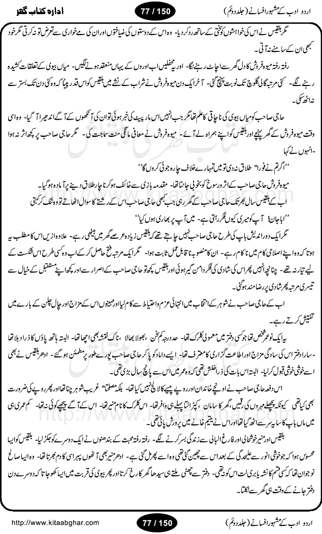 Urdu Adab ke Mashhoor (maroof) Afsanay is a second collection of selective short stories (afsane) of famous urdu writers (afsana nigar). It contains Kali Bala by Shaukat Siddiqi, Qaidi by Ibrahim Jalees, Akhrot Jha chuha bhes by Mumtaz Mufti, Saib ka Darakht, Bottle ka Jini by A. Hameed, Fasla by Wajda Tabassum, Badam Rangi by Balwant Singh, Bayhuda Khawand by Kanhaya Lal Kapoor, Ajeeb Qatal by Sheen Meem Jamil, Dil hi tou hay, Bhanwar, Gondani by Ghulam Abbas, Majeed ka Mazi, Pooja Phadday Baz by Saadat Hasan Manto, Mader Zaad by Khawaja Ahmed Abbas, Ooper Gori ka makaan by Agha Babar, Adha by Gulzar, SahibaN Mirza by Ali Haider Malik, Lottery by Munshi Prem Chand, Molvi Maherban Ali by Ibn-e-Insha, Lemon Juice by Chiter Sain, Gher Qanooni Mashwara, Loh-e-Mazar by MopasaN (terjuma), Aik thi Fakhta by Muhammad Mansha Yaad, Soti Salgira by Ashfaq Ahmed